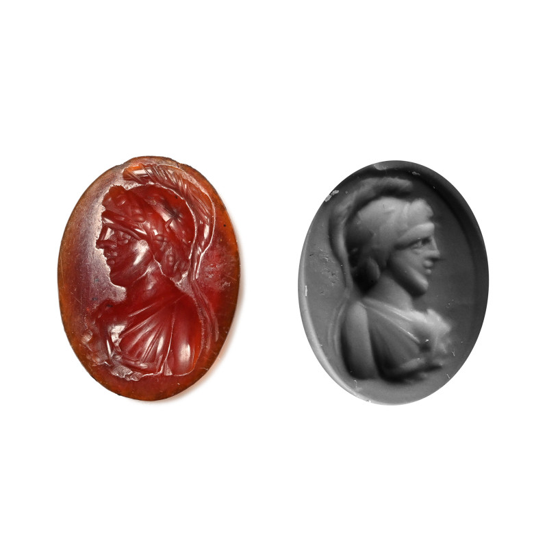 Roman Carnelian Gemstone of Athena. 1st-2nd century A.D. Ellipsoid in plan with ...