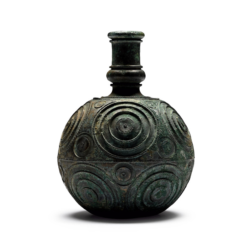 Roman Bronze Bottle with Circular Design. 3rd-4th century A.D. Spherical in prof...