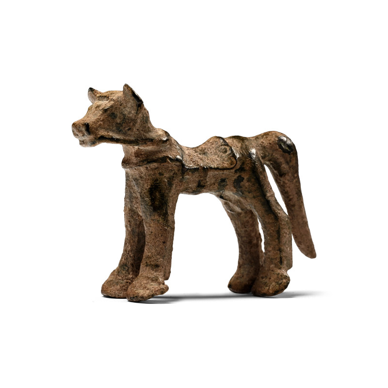 Iberian Bronze Bull Statuette. 3rd-1st century B.C. Modelled as a bridled and sa...