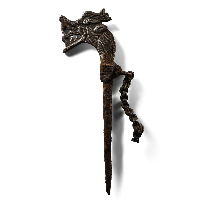 Scandinavian Viking Silver Dragon-Headed Iron Pin. 10th-11th century A.D. With s...