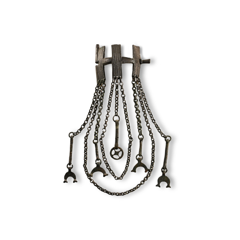 Pre-Viking Bronze Brooch with Bull-Headed Lunar Pendants and Chain. 7th-8th cent...