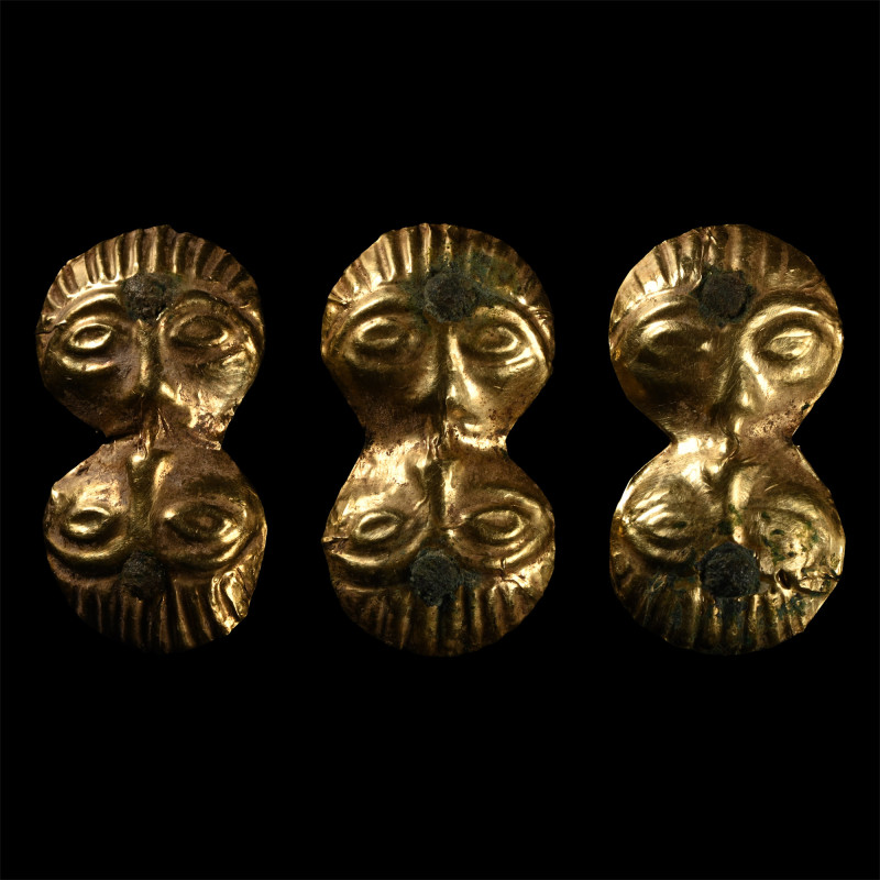Scandinavian Pre-Viking Gold Double-Headed Mount Group. Circa 6th century A.D. E...