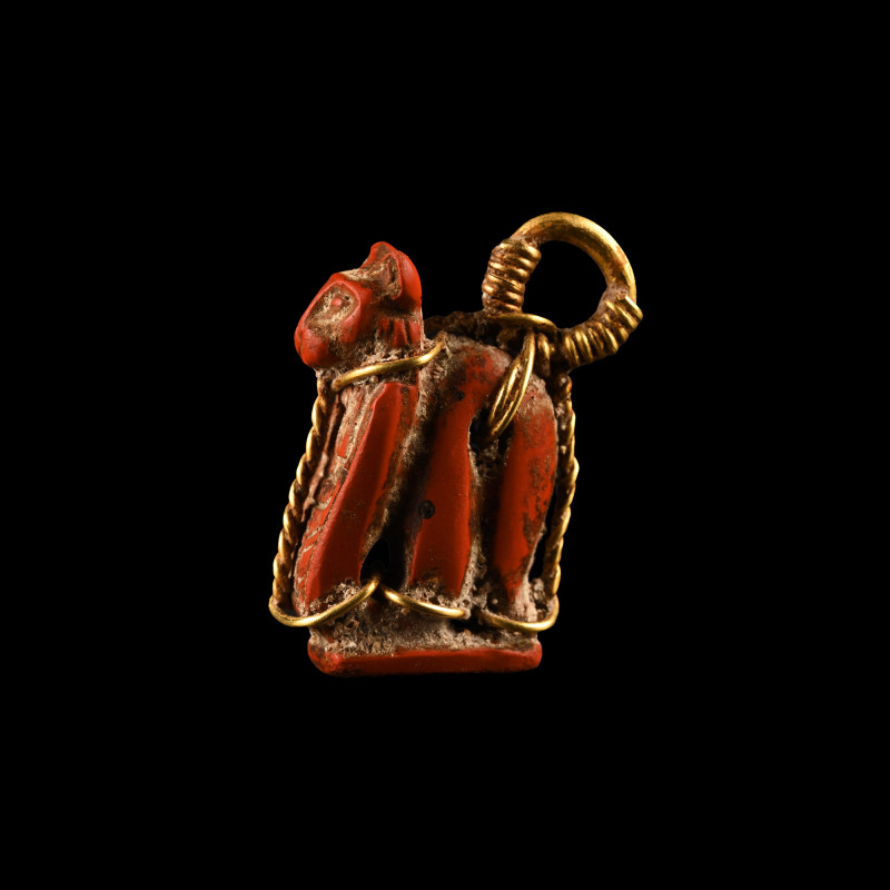 Egyptian Jasper Lion-Headed Cobra Amulet in Gold Frame. New Kingdom, circa 1550-...
