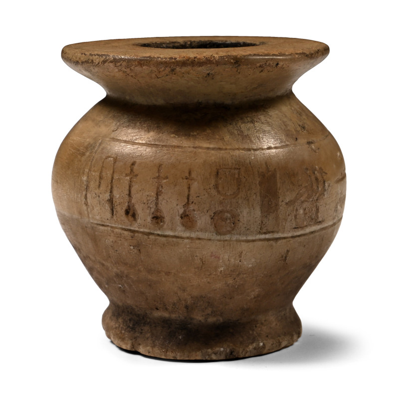 Egyptian Alabaster Kohl Pot with Later Hieroglyphs. Second Intermediate Period, ...