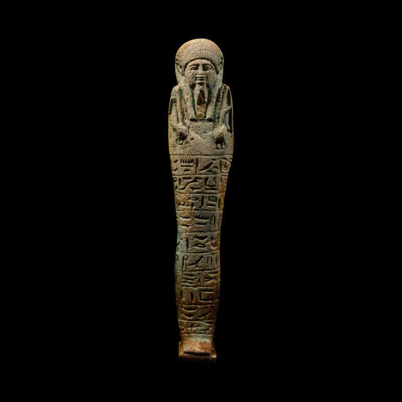 Egyptian Blue Glazed Hieroglyphic Shabti for Ta-Amun. Saite Period, 26th Dynasty...