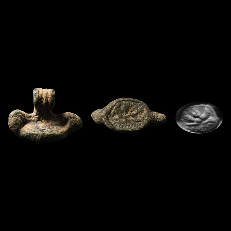 Phoenician Inscribed Bronze Scaraboid Seal. Late 1st millennium B.C. With ribbed...