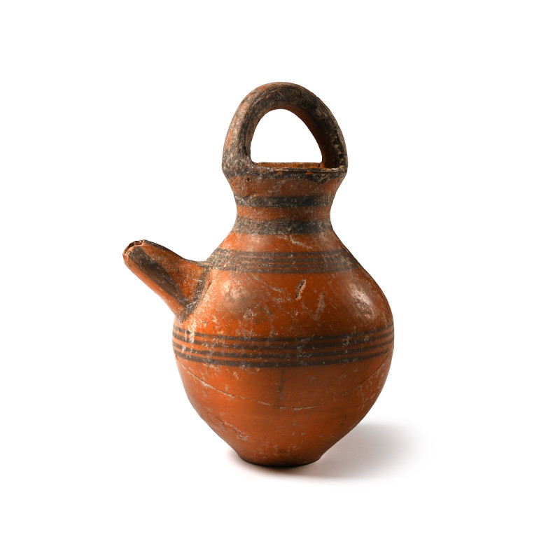 Cypriot Terracotta Vessel. Cypro-Archaic, 750-600 B.C. Miniature ewer with taper...
