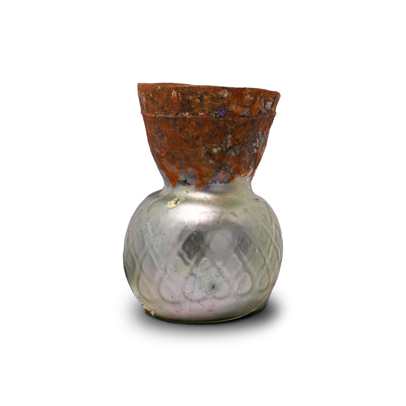 Roman Iridescent Glass Vase with Chequered Pattern. 2nd-4th century A.D. With a ...
