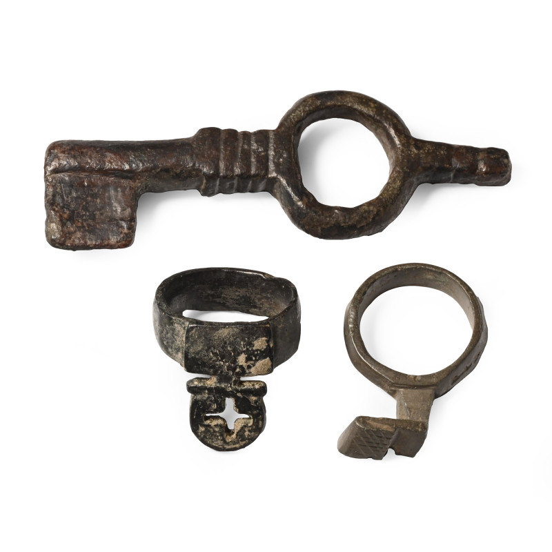 Roman Bronze Key Collection. 1st-4th century A.D. Comprising two key rings and a...