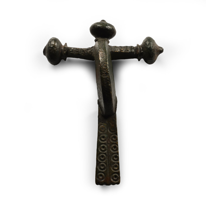 Roman Bronze Crossbow Brooch. 4th century A.D. With onion knop finials, deep bow...
