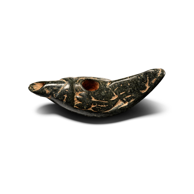 Byzantine Stone Oil Lamp. 6th-10th century A.D. Carved slipper-type lamp with it...