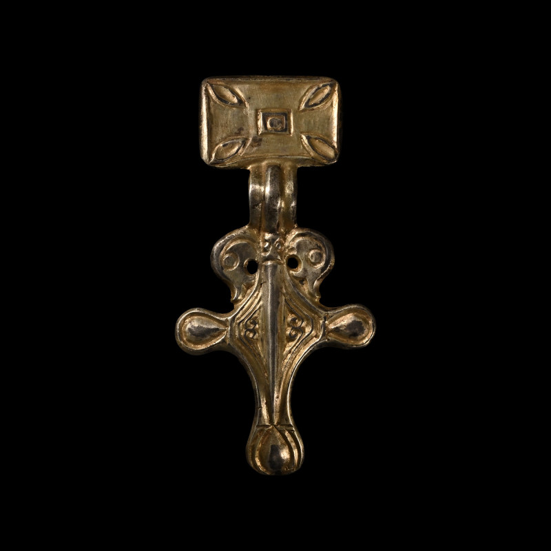 Frankish Silver-Gilt Bow Brooch with Beast Heads. Early 6th century A.D. Rectang...