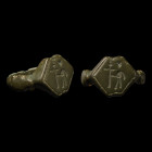 Norman Period Bronze Ring with Figure Holding Long Cross. 11th-12th century A.D.
