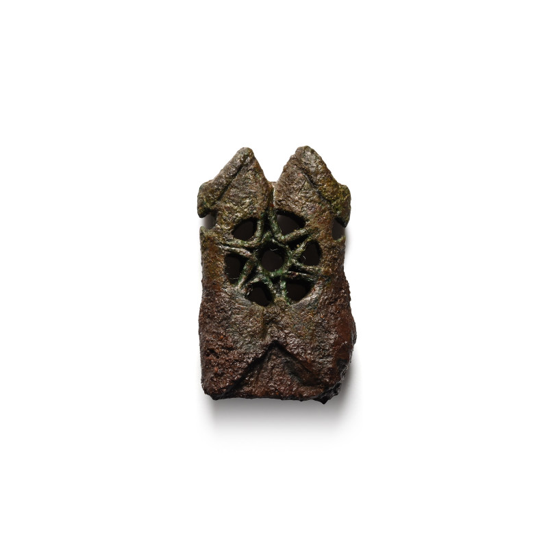 Medieval Bronze Openwork Knife Pommel. 15th century A.D. Narrow flat-section pom...