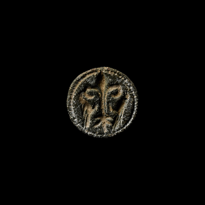 Medieval Bronze Seal Matrix with Fleur-de-Lys. Circa 13th-14th century A.D. Disc...
