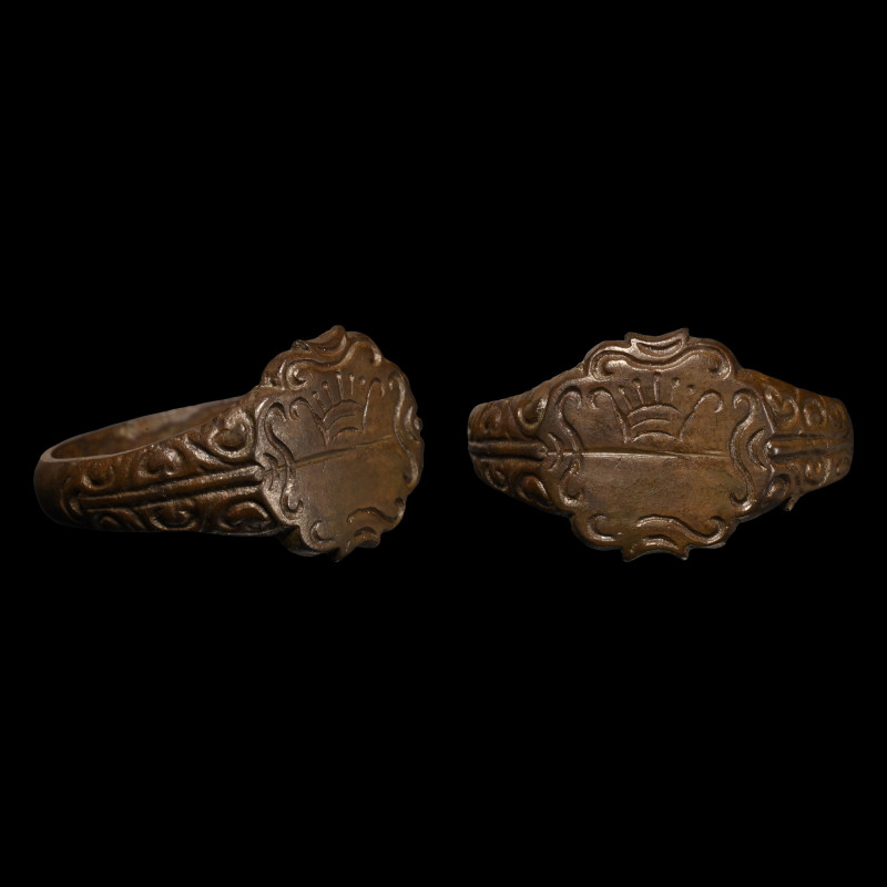 Post Medieval Bronze Ring with Crown. 17th-18th century A.D. With a D-section ho...