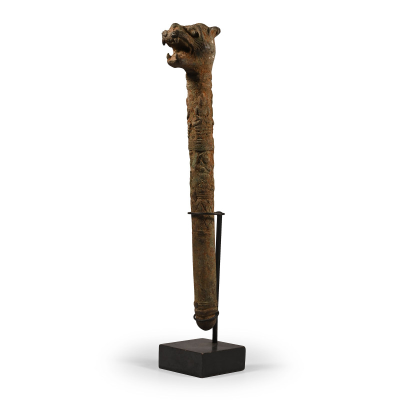 Chinese Style Bronze Lion-Headed Sceptre. 20th century AD. The round-section sha...
