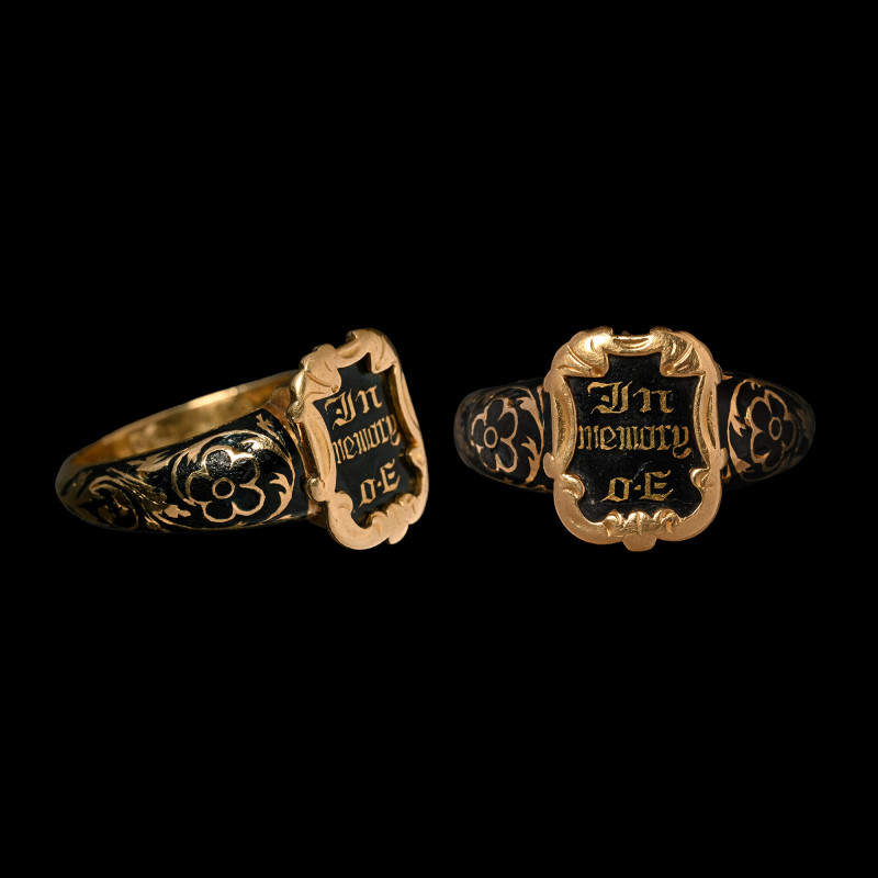 Engraved Gold and Black Enamel Memento Mori Ring. 19th century A.D. With D-secti...