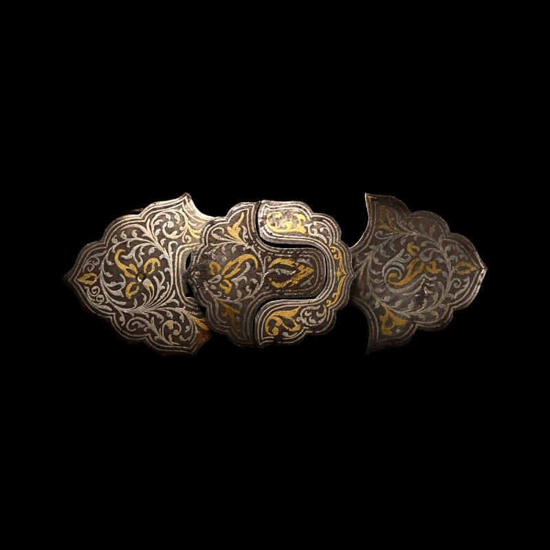 Mughal Inlaid Iron Sword Belt Buckle. Late 18th century A.D. Comprising two addo...