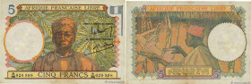 Country : FRENCH EQUATORIAL AFRICA 
Face Value : 5 Francs type 1941 
Date : (20 avril 1944) 
Period/Province/Bank : Afrique Française Libre 
French Ci...