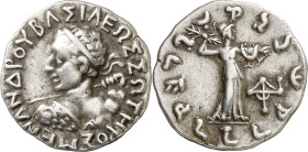 Reinos de Bactria e Indogriegos. Menandro I (155-130 a.C.). Dracma. (S. 7604 var) (CNG. XII, 184). 2,44 g. MBC+.