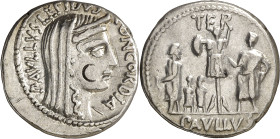 (62 a.C.). Gens Aemilia. Denario. (Bab. 10) (Craw. 415/1). Contramarca en anverso. Rayitas. 4,01 g. (MBC+).