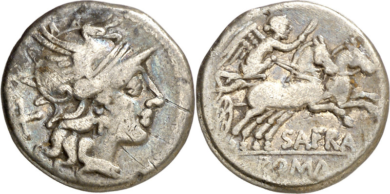 (hacia 150 a.C). Gens Afrania. Denario. (Bab. 1) (Craw. 206/1). Rayas en anverso...