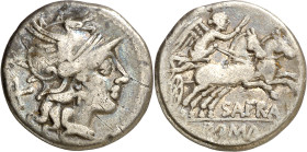 (hacia 150 a.C). Gens Afrania. Denario. (Bab. 1) (Craw. 206/1). Rayas en anverso. 4,03 g. BC+.