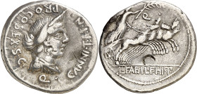 (hacia 82-81 a.C.). Gens Annia. Denario. (Bab. 3) (Craw. 366/2a). Contramarcas en ambas caras. 3,49 g. (MBC).
