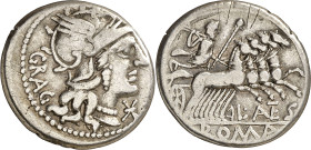 (hacia 136 a.C.). Gens Antestia. Denario. (Bab. 9) (Craw. 238/1). Rayas. 3,87 g. MBC-.