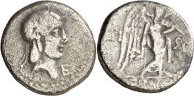 (90 a.C.). Gens Calpurnia. Quinario. (Bab. 13) (S. 13b) (Craw. 340/2f). Contramarca en anverso. 1,53 g. MBC-.