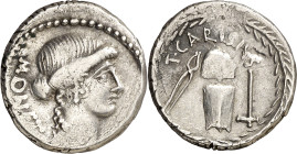 (hacia 46 a.C.). Gens Carisia. Denario. (Bab. 1) (S. 1b) (Craw. 464/2). 4,06 g. MBC.