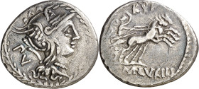 (hacia 101 a.C.). Gens Lucilia. Denario. (Bab. 1) (Craw. 324/1). 3,80 g. MBC/MBC-.