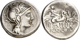 (hacia 111-110 a.C.). Gens Mallia. Denario. (Bab. 2) (Craw. 299/1b). Contramarca en anverso. 4,01 g. MBC.