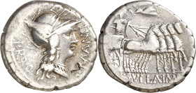 (82 a.C.). Gens Manlia. Denario. (Bab. 5) (Craw. 367/5). Contramarca en anverso. 3,95 g. MBC.