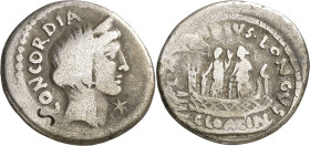 (hacia 42 a.C.). Gens Mussidia. Denario. (Bab. 6) (Craw. 494/42b). Contramarca en anverso. 3,61 g. BC.