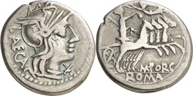 (hacia 125 a.C.). Gens Porcia. Denario. (Bab. 3) (Craw. 270/1). 3,87 g. MBC/MBC-.