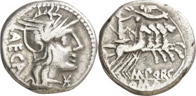 (hacia 125 a.C.). Gens Porcia. Denario. (Bab. 3) (Craw. 270/1). 3,90 g. MBC.