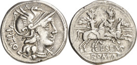 (hacia 148 a.C.). Gens Sempronia. Denario. (Bab. 2) (Craw. 216/1). 3,87 g. MBC+.