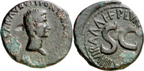 (7 a.C.). Octavio Augusto. As. (Spink 1686 var) (Co. 445) (RIC. 427). Cabeza pequeña. Oxidaciones limpiadas. Vano en anverso. 10,52 g. MBC-.