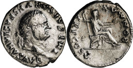 (74 d.C.). Vespasiano. Denario. (Spink 2300 var) (S. 364) (RIC. 702). Oxidaciones limpiadas. 2,76 g. (MBC).