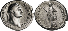 (75 d.C.). Domiciano. Denario. (Spink 2640) (S. 375) (RIC. 788, de Vespasiano). Limpiada. 3,32 g. MBC-.