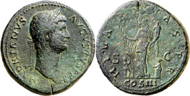 (128-129 d.C.). Adriano. Sestercio. (Spink 3602) (Co. 819) (RIC. 988). Grieta radial. 24,66 g. MBC-.