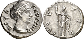 (después 147 d.C.). Faustina madre. Denario. (Spink 4584) (S. 104) (RIC. 362). Grafito en reverso. 3,32 g. EBC-.