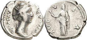 (después 147 d.C.). Faustina madre. Denario. (Spink falta) (S. 96) (RIC. 356). Rayitas en anverso. 3,32 g. MBC-.