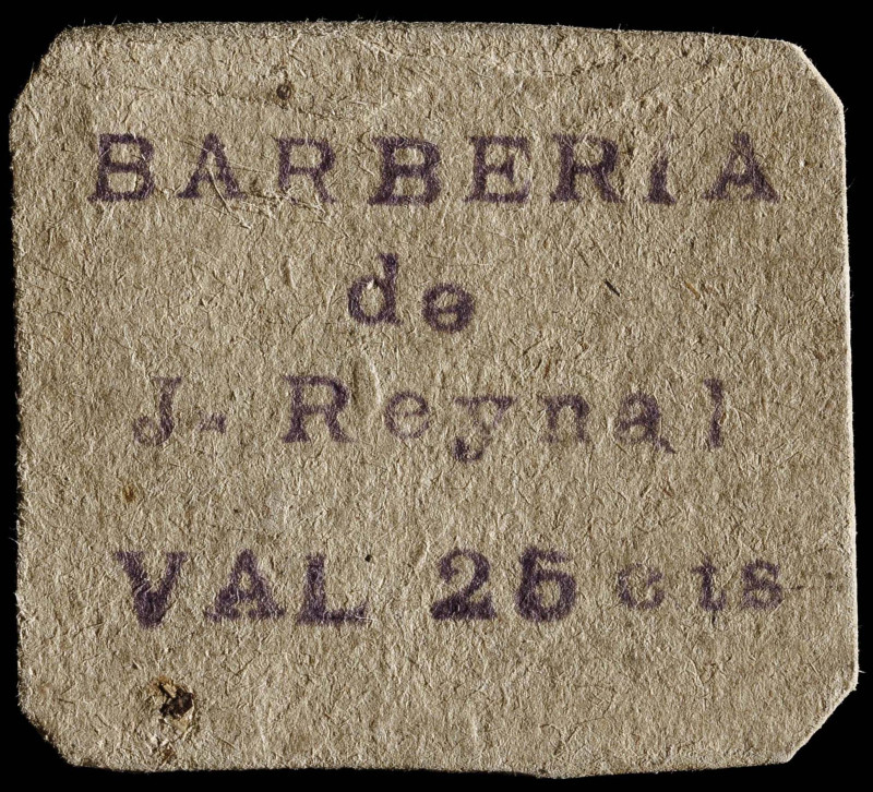 Barbería de J. Reynal. 25 céntimos. Cartón cuadrado. MBC.