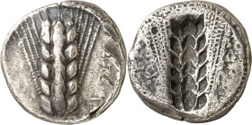 (470-440 a.C.). Italia. Metaponto. Tridracma. (S. 238 var) (CNG. I, 1029). Anv.: META (retrógrada). Espiga. Rev.: Espiga incusa. 7,94 g. MBC.
