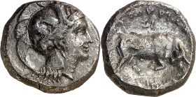 (350-300 a.C.). Italia. Thurium. Diestátera. (S. 446) (CNG. I, 1257 var). Anv.: Cabeza de Palas con yelmo ateniense ornado de Escila. Rev.: Toro embis...