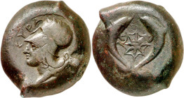 (375-344 a.C.). Sicilia. Siracusa. AE 31. (S. 1189) (CNG. II, 1436). Anv.: Cabeza de Palas a izquierda con yelmo corintio coronado de olivo. Rev.: Est...