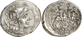 (206-195 a.C.). Anónima. Denario. (Bab. 20) (S. 20ii) (Craw. 115/1). Anv.: Cabeza galeada de Roma, detrás . Rev.: ROM. Los Dióscuros cabalgando con la...